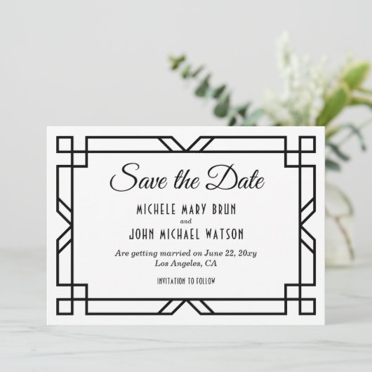 Art Deco Classy Custom Elegant Black White Wedding Save The Date (Staand voorkant)