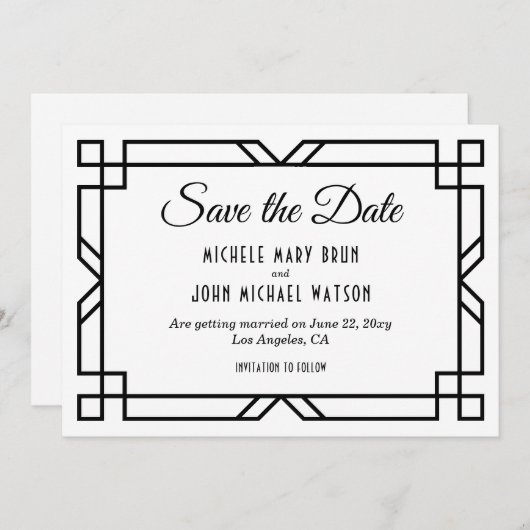 Art Deco Classy Custom Elegant Black White Wedding Save The Date (Voorkant / Achterkant)