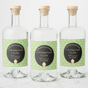 Art Deco Classy Groen Zwart Goud Bruiloft Likeurfles Etiket