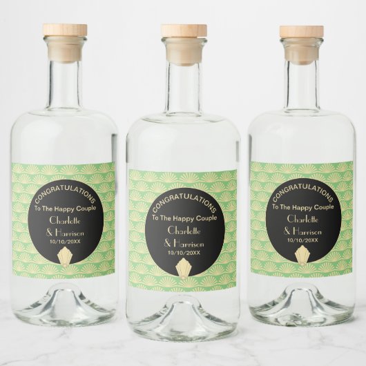 Art Deco Classy Groen Zwart Goud Bruiloft Likeurfles Etiket (Flessen)