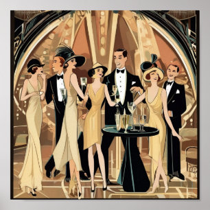 Art Deco Cocktailparty in Nightclub Briefkaart Poster