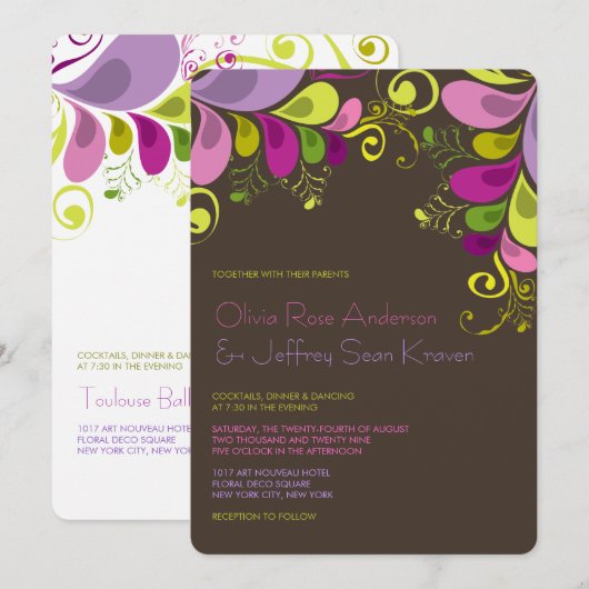 Art Deco Colorful Floral Leaves Wedding Invitation Kaart (Voorkant / Achterkant)