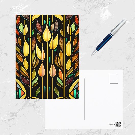 Art Deco Colorful Leaves Reeds Glas in lood Briefkaart