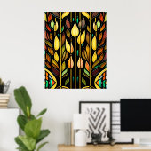 Art Deco Colorful Leaves Reeds Glas in lood Poster (Thuiskantoor)
