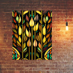 Art Deco Colorful Leaves Reeds Glas in lood Poster<br><div class="desc">Dit gekleurd glasontwerp is een kunstmatig deco-geïnspireerd patroon met ingewikkelde, generatieve kunst die bestaat uit geometrische lijnen die symmetrische patronen creëer. De kleuren in het patroon zijn helder en levendig, waardoor het ontwerp een gevoel van diepte en dimensionaliteit krijgt. Dit gekleurde glasontwerp is gemaakt met behulp van de allernieuwste technologie...</div>