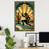 Art Deco Cowgirl Lasso Cactus Desert Sunset Poster (Thuiskantoor)