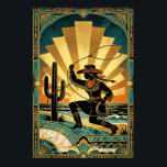 Art Deco Cowgirl Lasso Cactus Woestijn Zonsonderga Poster<br><div class="desc">Een dynamische viering van westerse hardheid en Art Deco-elegantie. Deze illustratie toont een cowgirl-silhouet in een gefranjerde jurk die behendig een lasso hanteert in een woestijn kustlandschap. Geplaatst tegen een enorme, waaiervormige gouden zonnestraal en omlijst door ingewikkelde geometrische randen met marmeren accenten, is dit stuk perfect voor een moderne ranch...</div>