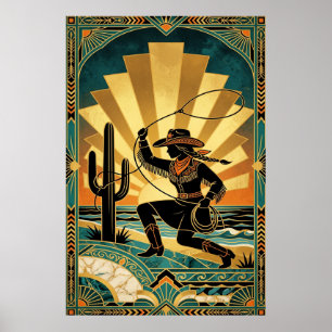 Art Deco Cowgirl Lasso Cactus Woestijn Zonsonderga Poster