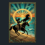 Art Deco Cowgirl Lasso Paard Strand Zonsondergang Poster<br><div class="desc">Een verbluffende combinatie van westerse actie en Art Deco-elegantie tegen een tropische horizon. Deze ingewikkelde illustratie toont het silhouet van een cowgirl die behendig een lasso zwaait terwijl ze op een galopperend paard langs een zandstrand rijdt. Een tweede wild paard steekt zijn voorbenen in de lucht op de achtergrond, omlijst...</div>