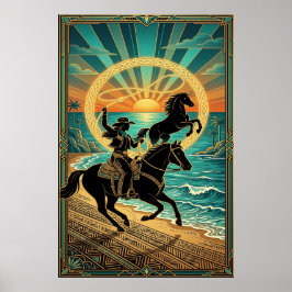Art Deco Cowgirl Lasso Paard Strand Zonsondergang Poster