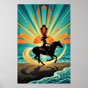 Art Deco Cowgirl Paard Strandgolven Zonsondergang  Poster