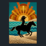 Art Deco Cowgirl Paard Zonsondergang Teal Oranje P Poster<br><div class="desc">Een unieke fusie van retro glamour en westerse romantiek. Deze gestileerde illustratie toont de silhouet van een cowgirl die op een paard rijdt tegen een enorme, stralende zonsondergang. Met een levendig palet van oranje, teal en beige, en chevron-patronen die doen denken aan woestijnlandschappen, is deze poster perfect voor rustieke chic...</div>