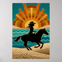 Art Deco Cowgirl Paard Zonsondergang Teal Oranje P Poster