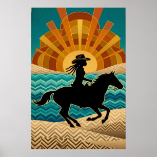 Art Deco Cowgirl Paard Zonsondergang Teal Oranje P Poster