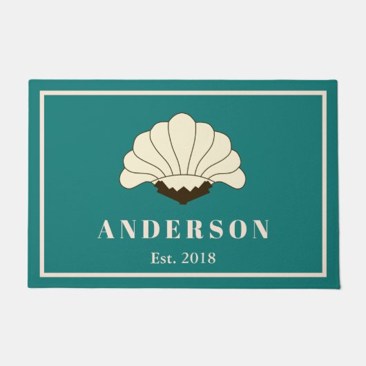 Art Deco Cream Flower Blossom Crest & Blauwgroen Deurmat (Voorkant)