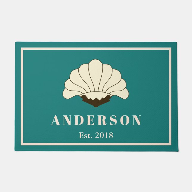 Art Deco Cream Flower Blossom Crest & Blauwgroen Deurmat (Voorkant)