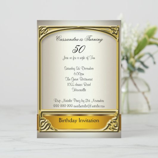 Art Deco Cream Gold 50e verjaardag Uitnodiging (Staand voorkant)
