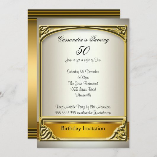 Art Deco Cream Gold 50e verjaardag Uitnodiging (Voorkant / Achterkant)