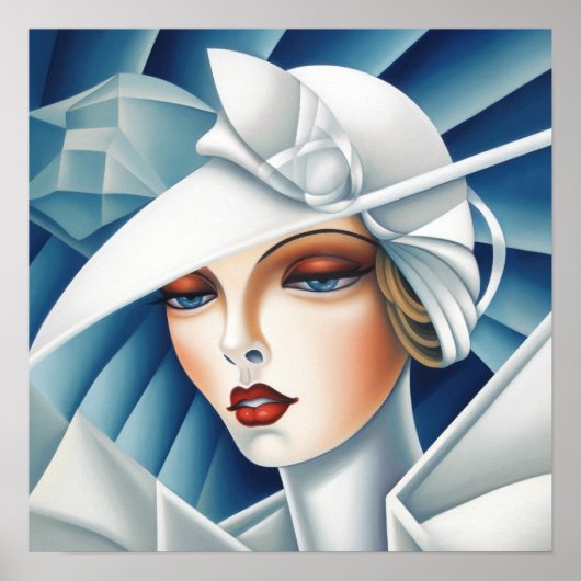 Art Deco Cubism Blue Eyes Woman Portret Poster (Voorkant)