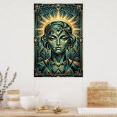 Art Deco Cubist Woman Sunset Gold Teal Poster (Keuken)