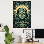Art Deco Cubist Woman Sunset Gold Teal Poster (Thuiskantoor)