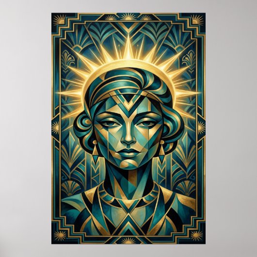 Art Deco Cubist Woman Sunset Gold Teal Poster (Voorkant)