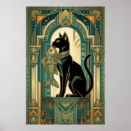 Art Deco Curtain Climbing Cat Wall Art Poster