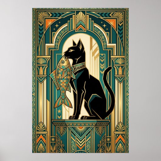 Art Deco Curtain Climbing Cat Wall Art Poster (Voorkant)