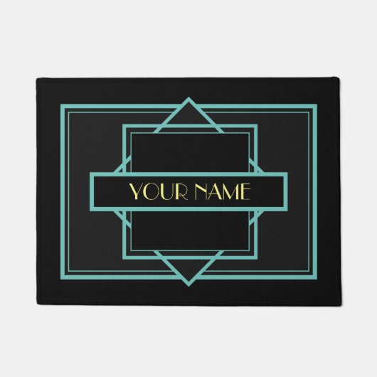 Art Deco Custom Name - Blauwgroen Gold Deurmat (Voorkant)