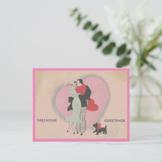 Art Deco Cute Couple en Dog  Valentijn Briefkaart (Staand voorkant)