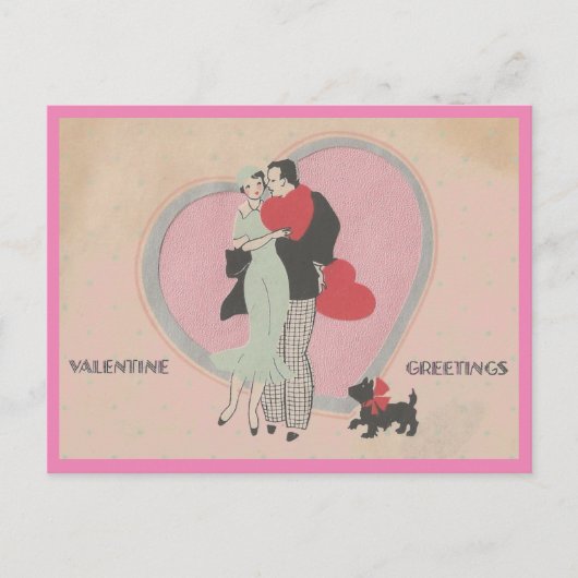 Art Deco Cute Couple en Dog  Valentijn Briefkaart (Voorkant)