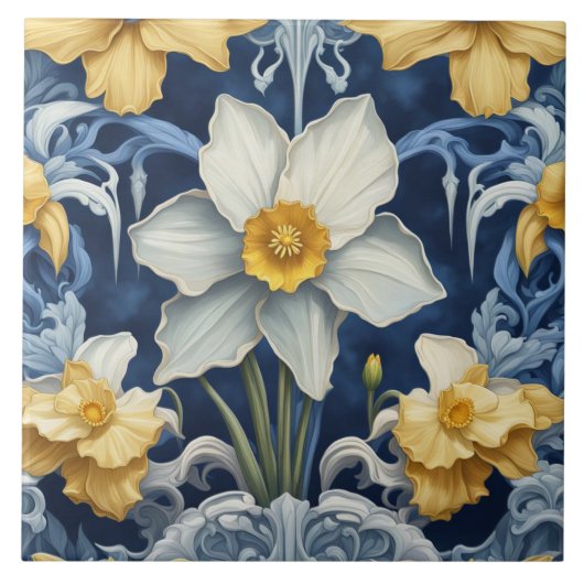 Art Deco Daffodil Bloemen Art Nouveau Blauw Tegeltje (Voorkant)