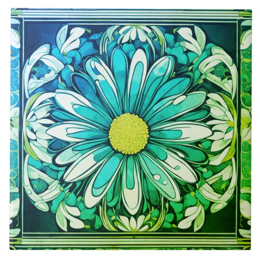 Art Deco Daisy Bloem Art Nouveau Aqua Blauw Groen Tegeltje (Voorkant)