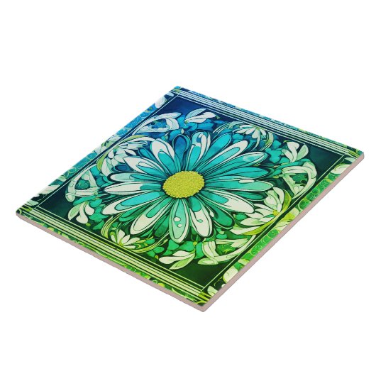 Art Deco Daisy Bloem Art Nouveau Aqua Blauw Groen Tegeltje (Zijkant)