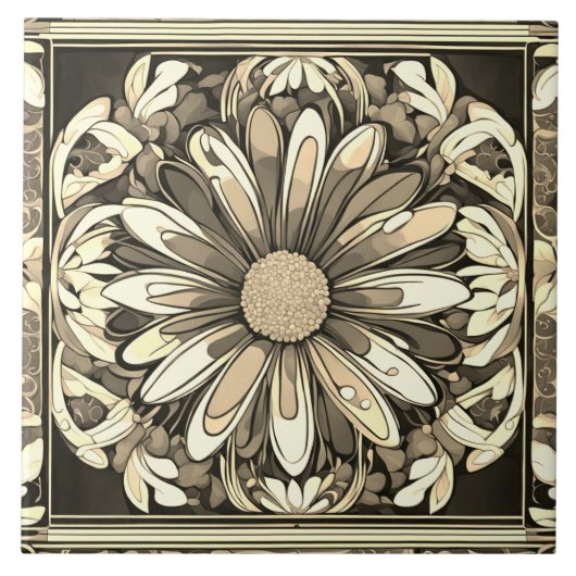 Art Deco Daisy Flower Art Nouveau Beige & Grey Tegeltje (Voorkant)