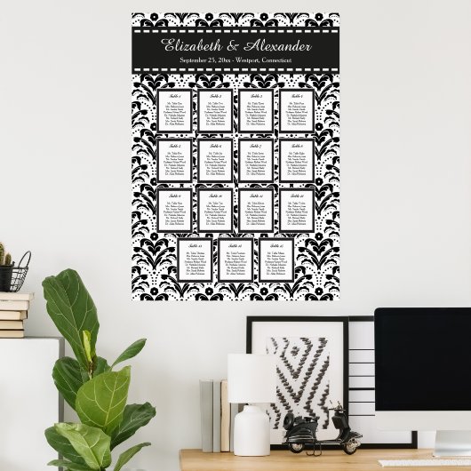 Art Deco Damask Wedding 15 Table Seating Chart Poster (Thuiskantoor)