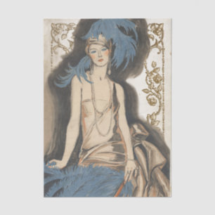 Art Deco Dame Blauwe Veer Vintage Decoupage Goud Tissuepapier