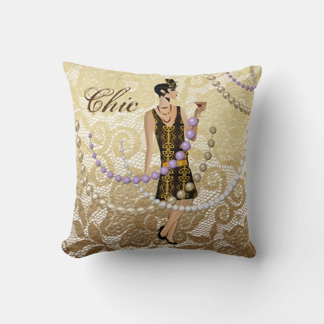 Art Deco Dame Gouden Bloemenkant Kussen (Voorkant)
