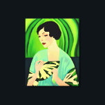 Art Deco Dame met een Fan in Jade Green Canvas Afdruk<br><div class="desc">Schilderij in een modern,  semi-abstract,  art deco portret van een dame in een kimono,  met een ventilator,  tegen een jade groene abstracte achtergrond</div>