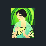 Art Deco Dame met een Fan in Jade Green Canvas Afdruk<br><div class="desc">Schilderij in een modern,  semi-abstract,  art deco portret van een dame in een kimono,  met een ventilator,  tegen een jade groene abstracte achtergrond</div>