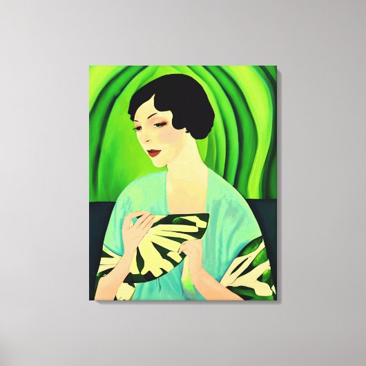 Art Deco Dame met een Fan in Jade Green Canvas Afdruk (Voorkant)