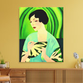 Art Deco Dame met een Fan in Jade Green Canvas Afdruk (Insitu (Woonkamer))