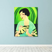 Art Deco Dame met een Fan in Jade Green Canvas Afdruk (Insitu (Houten vloer))