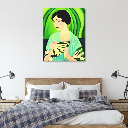 Art Deco Dame met een Fan in Jade Green Canvas Afdruk (Insitu (Slaapkamer))
