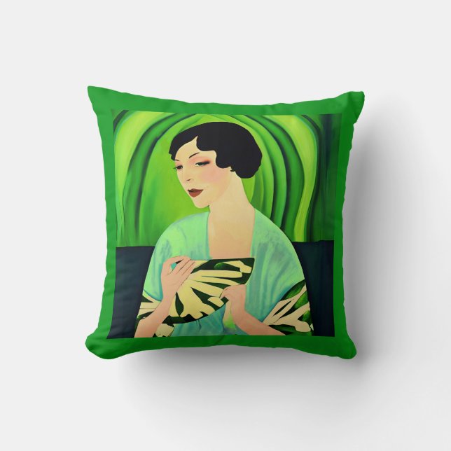 Art Deco Dame met een Fan in Jade Green Kussen (Voorkant)