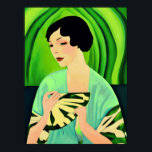 Art Deco Dame met een Fan in Jade Green Poster<br><div class="desc">Print in een Art Deco portret van een dame in een kimono,  met een ventilator,  tegen een jade groene abstracte achtergrond</div>