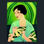 Art Deco Dame met een Fan in Jade Green Poster<br><div class="desc">Print in een Art Deco portret van een dame in een kimono,  met een ventilator,  tegen een jade groene abstracte achtergrond</div>
