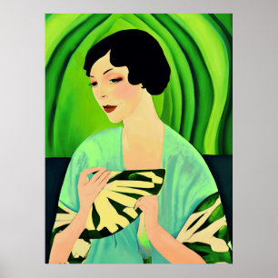 Art Deco Dame met een Fan in Jade Green Poster