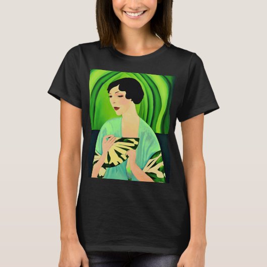 Art Deco Dame met een Fan in Jade Green T-shirt (Voorkant)