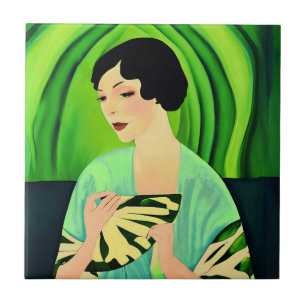 Art Deco Dame met een Fan in Jade Green Tegeltje